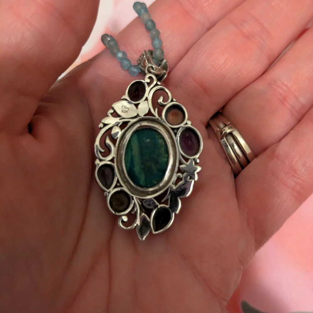 Sterling Silver Genuine Multi-Gemstone Pendant On A 20in Beaded Necklace - Picture 4 of 5